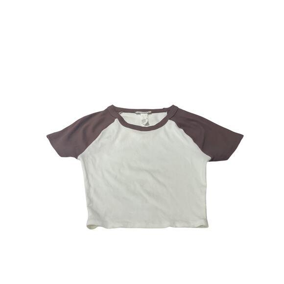 Full Tilt Tops - Full Tilt T-Shirt Women’s Brown/White Medium Crew Neck Ribbed Cropped Casual